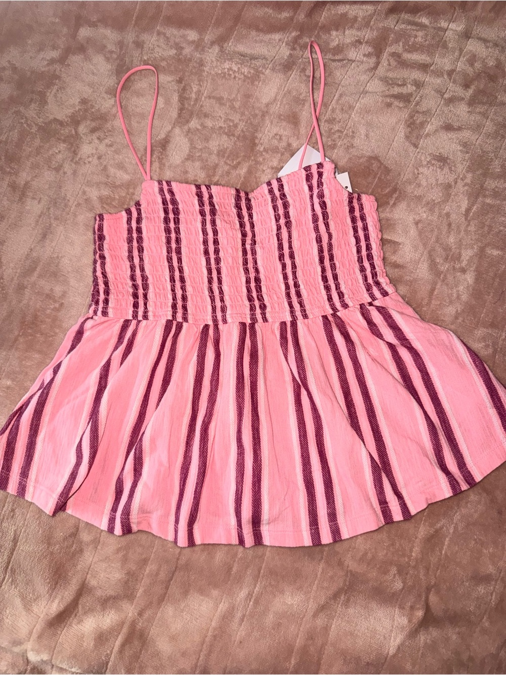 American Eagle Outfitters Pink Striped Smocked Tank with Spaghetti Straps